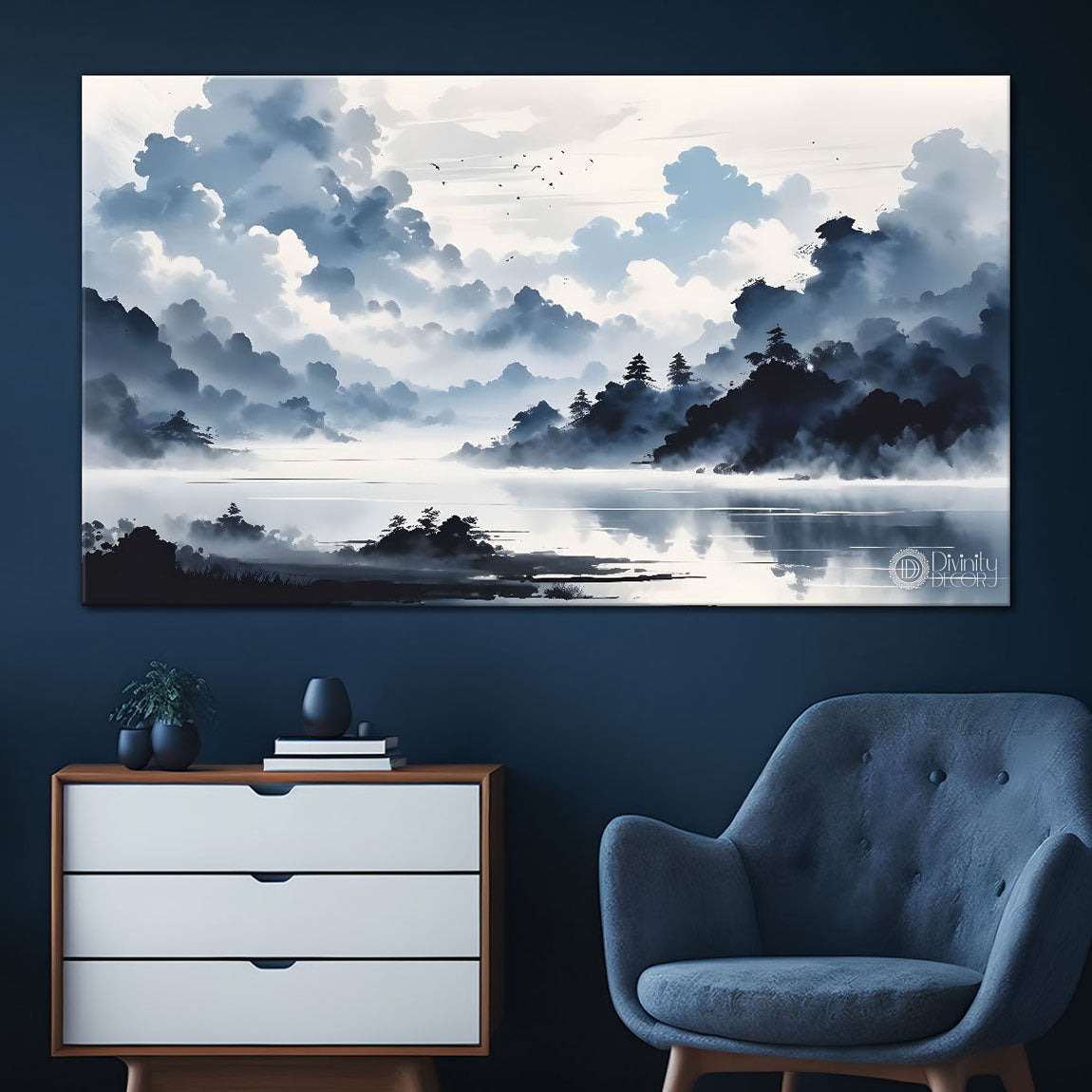 Mountains with river and clouds textured water color art Canvas Painting - Nature Art -161