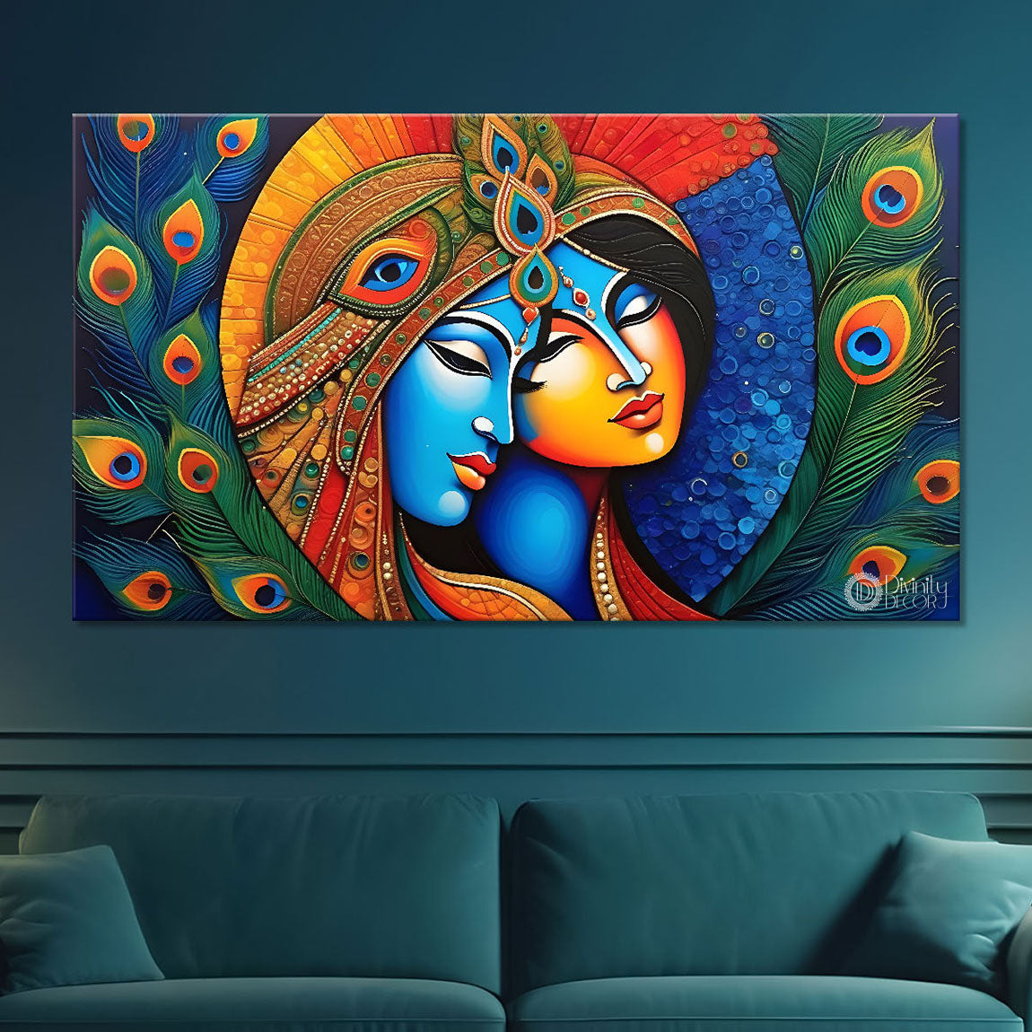 Blue face of Krishna and Radha with peacock feather background painting Canvas Painting - Design - Krishna-162