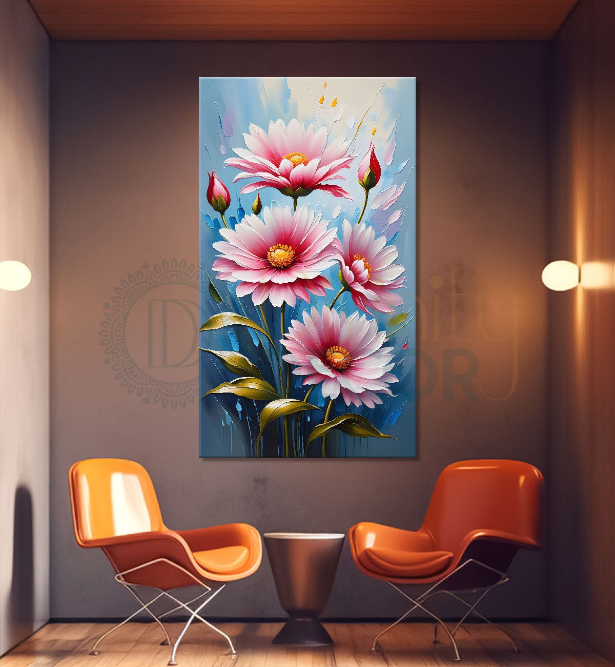 Pink flowers in sky blue textured background painting- Flower-V-162