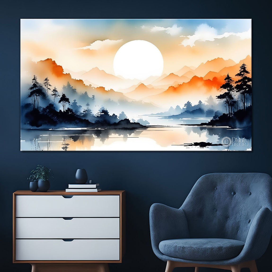 Mountains with river and sunset textured water color art Canvas Painting - Nature Art -162
