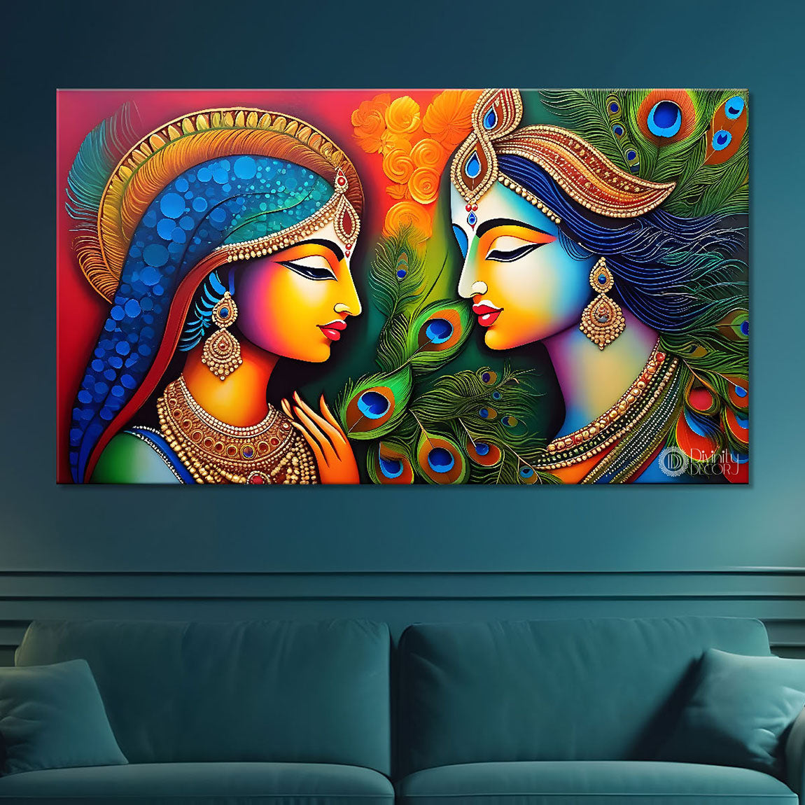 Blue face of Krishna and Radha with orange and peacock feather background painting Canvas Painting - Design - Krishna-163