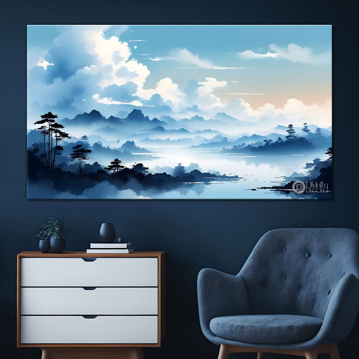 Mountains with river, trees and clouds textured water color art Canvas Painting - Nature Art -163