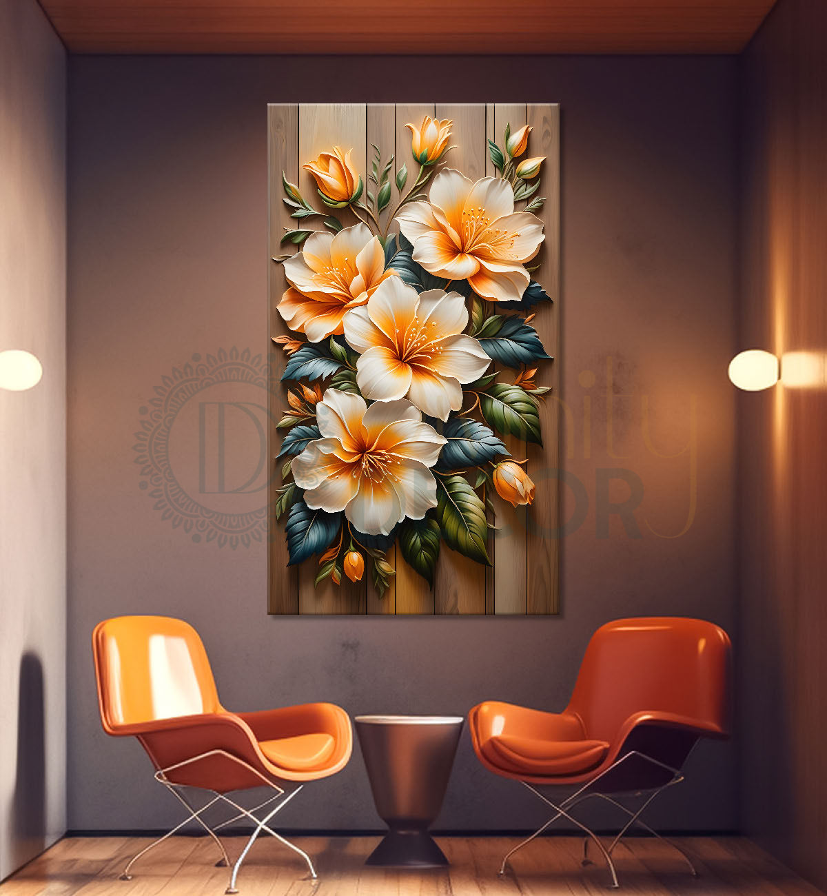 Yellow flowers in light brown textured painting- Flower-V-163