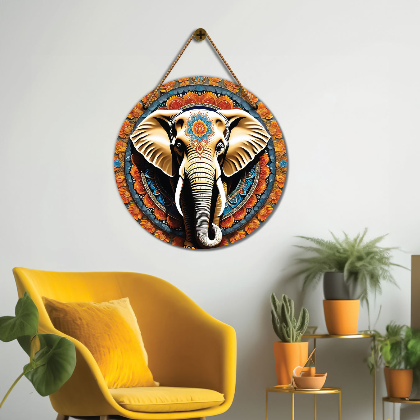 Elephant in green and orange mandala Round Wooden Wall Hanging for wall Décor - Design - 163