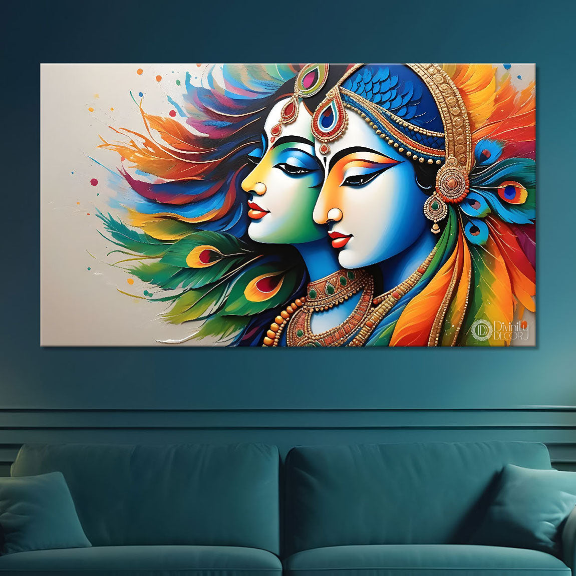 Blue face of Krishna and Radha with colorful background painting Canvas Painting - Design - Krishna-164