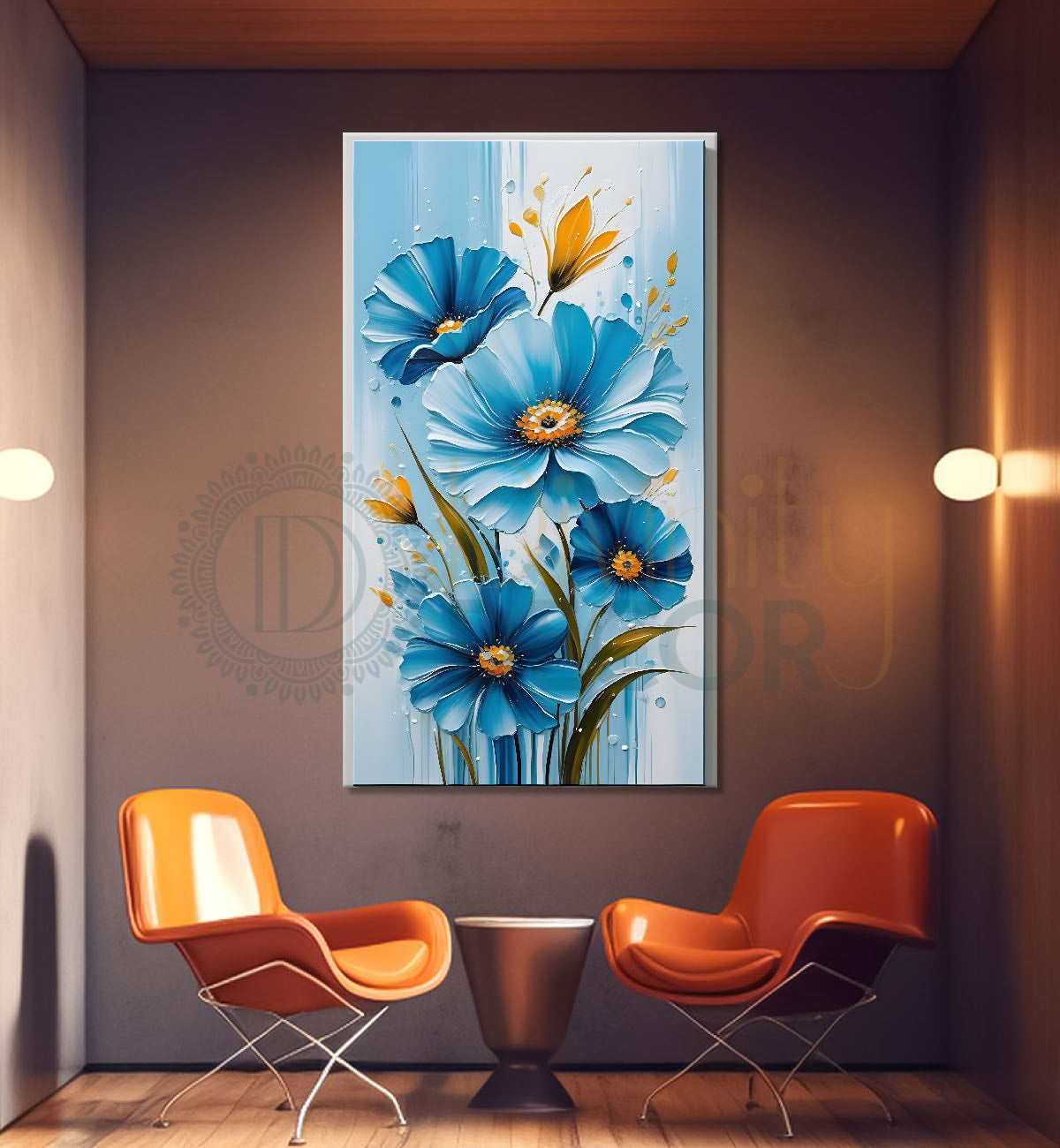 Blue flowers in sky blue textured painting- Flower-V-164