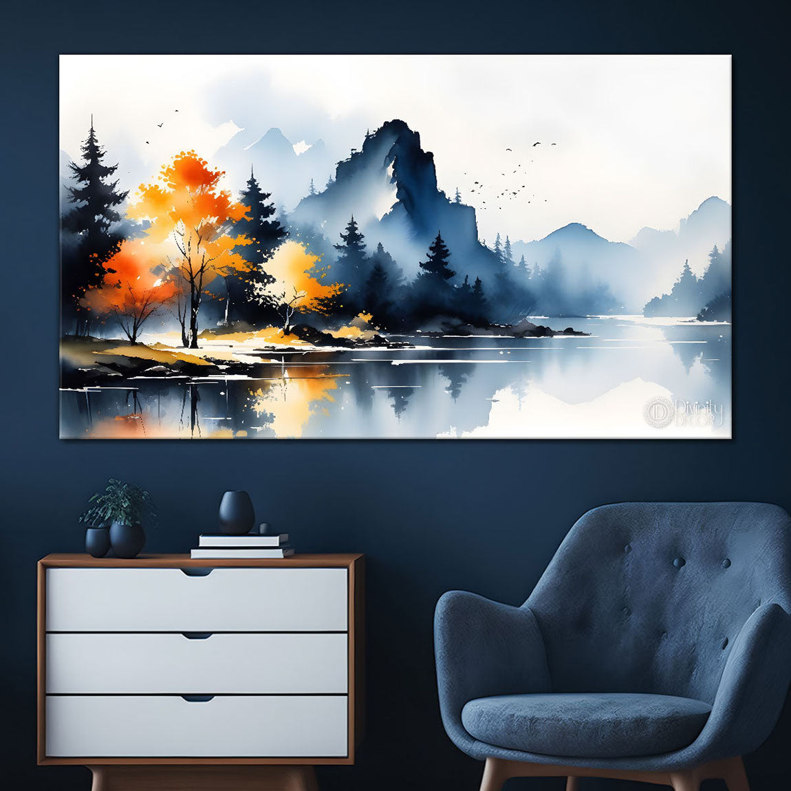 Mountains with river, trees and clouds textured water color art Canvas Painting - Nature Art -164