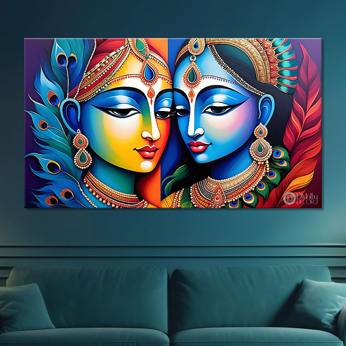 Blue face of Krishna and Radha with colorful background painting Canvas Painting - Design - Krishna-165