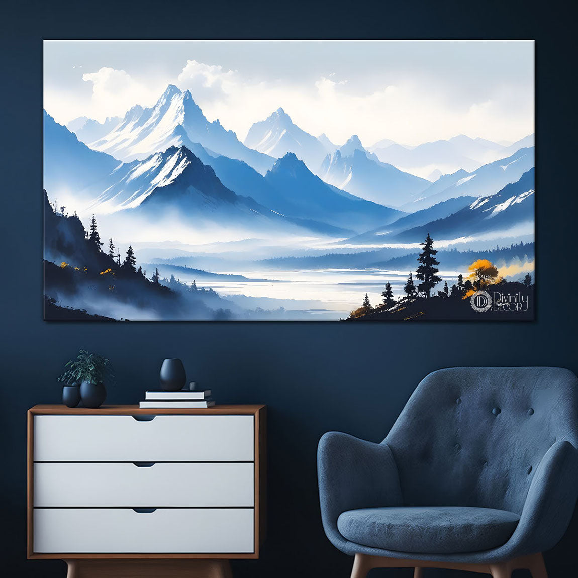 Mountains with river, trees and clouds textured water color art Canvas Painting - Nature Art -165