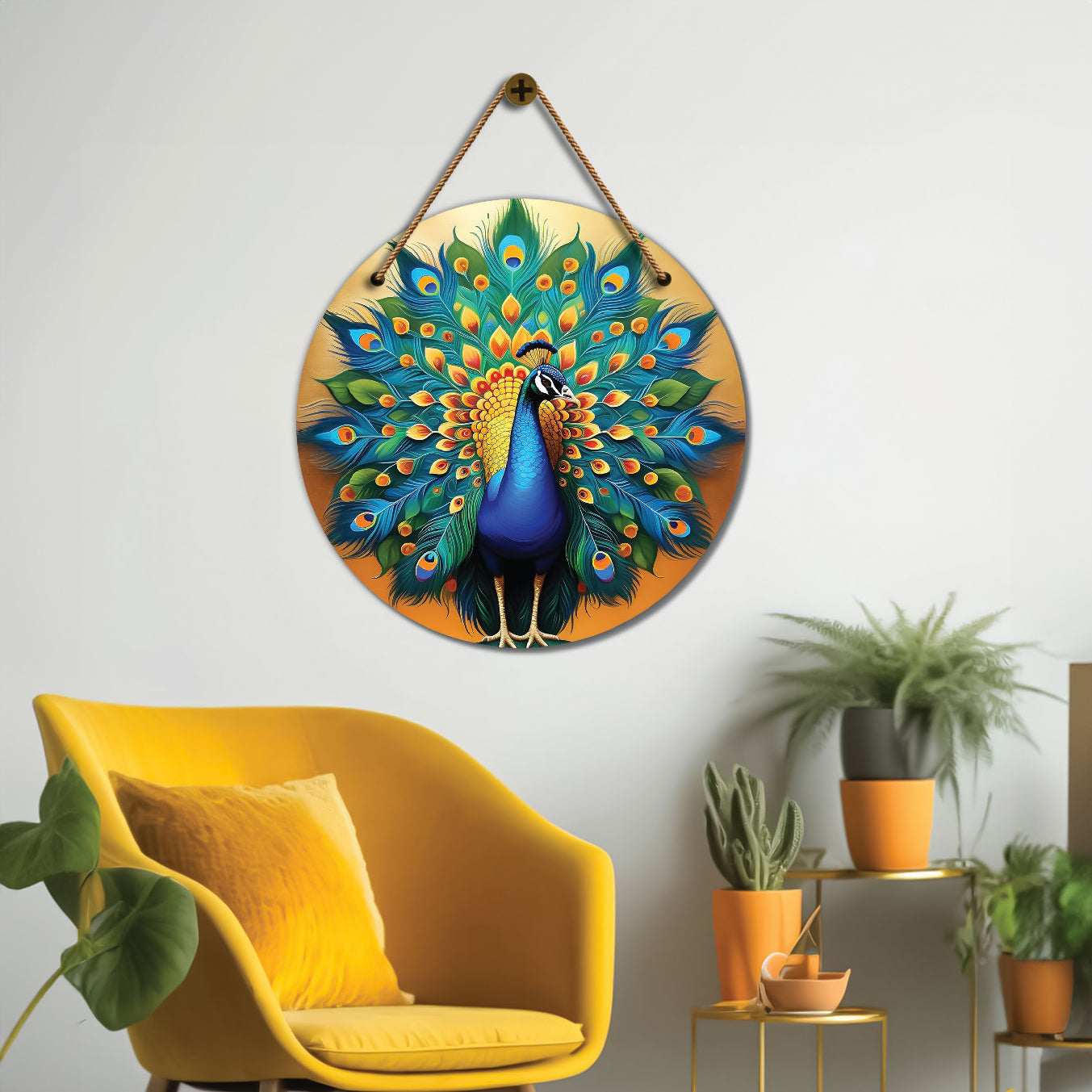 Peacock in green and golden mandala Round Wooden Wall Hanging for wall Décor - Design - 165