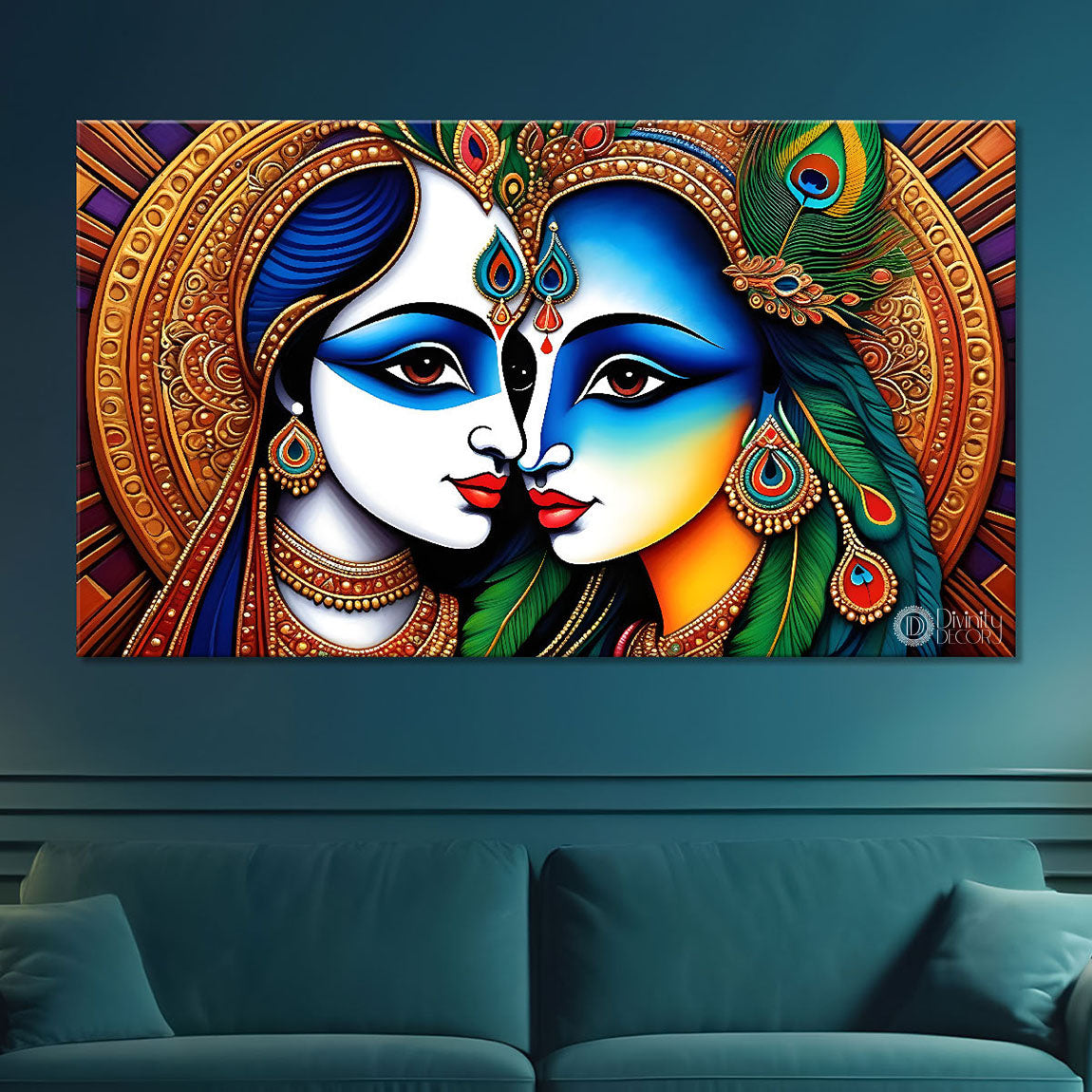 Blue face of Krishna and Radha with peacock feather background painting Canvas Painting - Design - Krishna-166