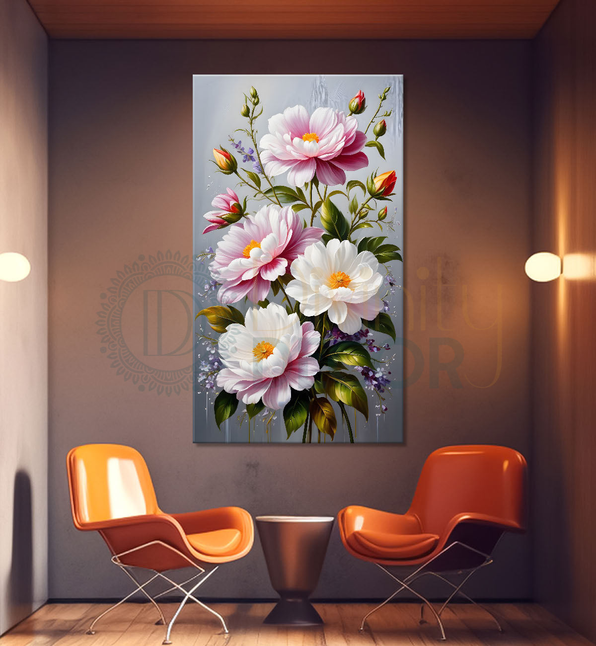 Pink flowers in grey textured painting- Flower-V-166
