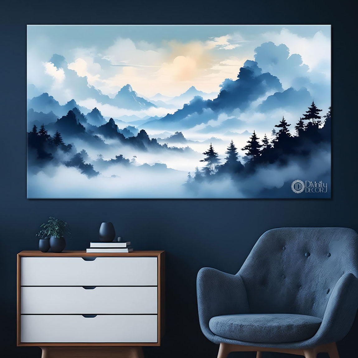 Mountains with river, trees and clouds textured water color art Canvas Painting - Nature Art -166