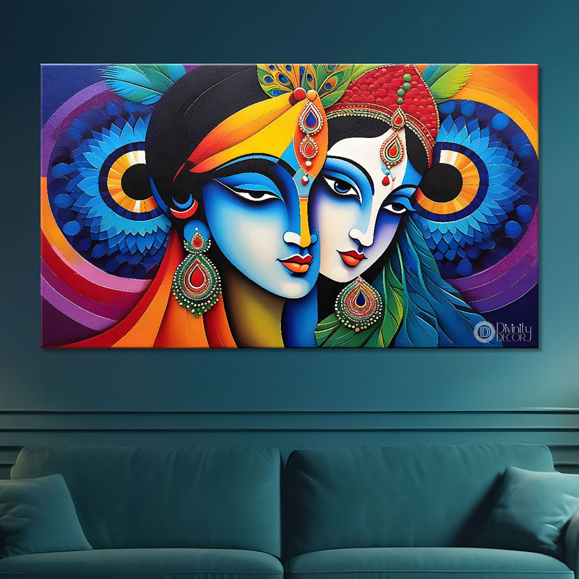 Blue face of Krishna and Radha with colorful background painting Canvas Painting - Design - Krishna-167