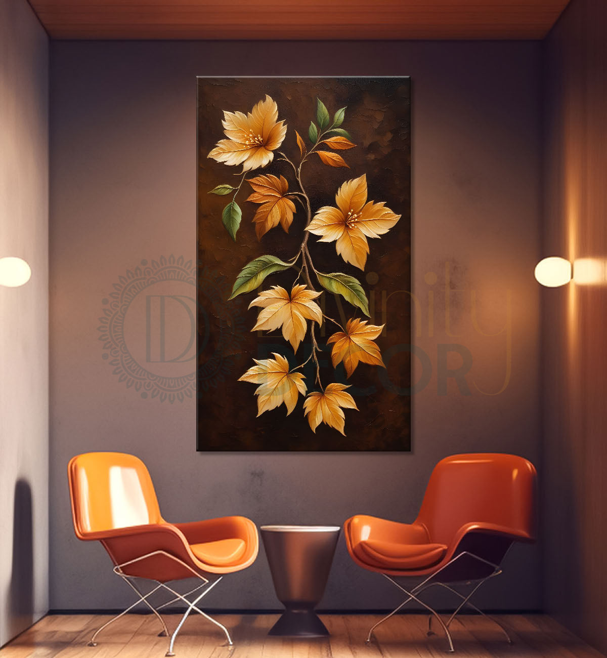 Yellow flowers in brown textured painting- Flower-V-167
