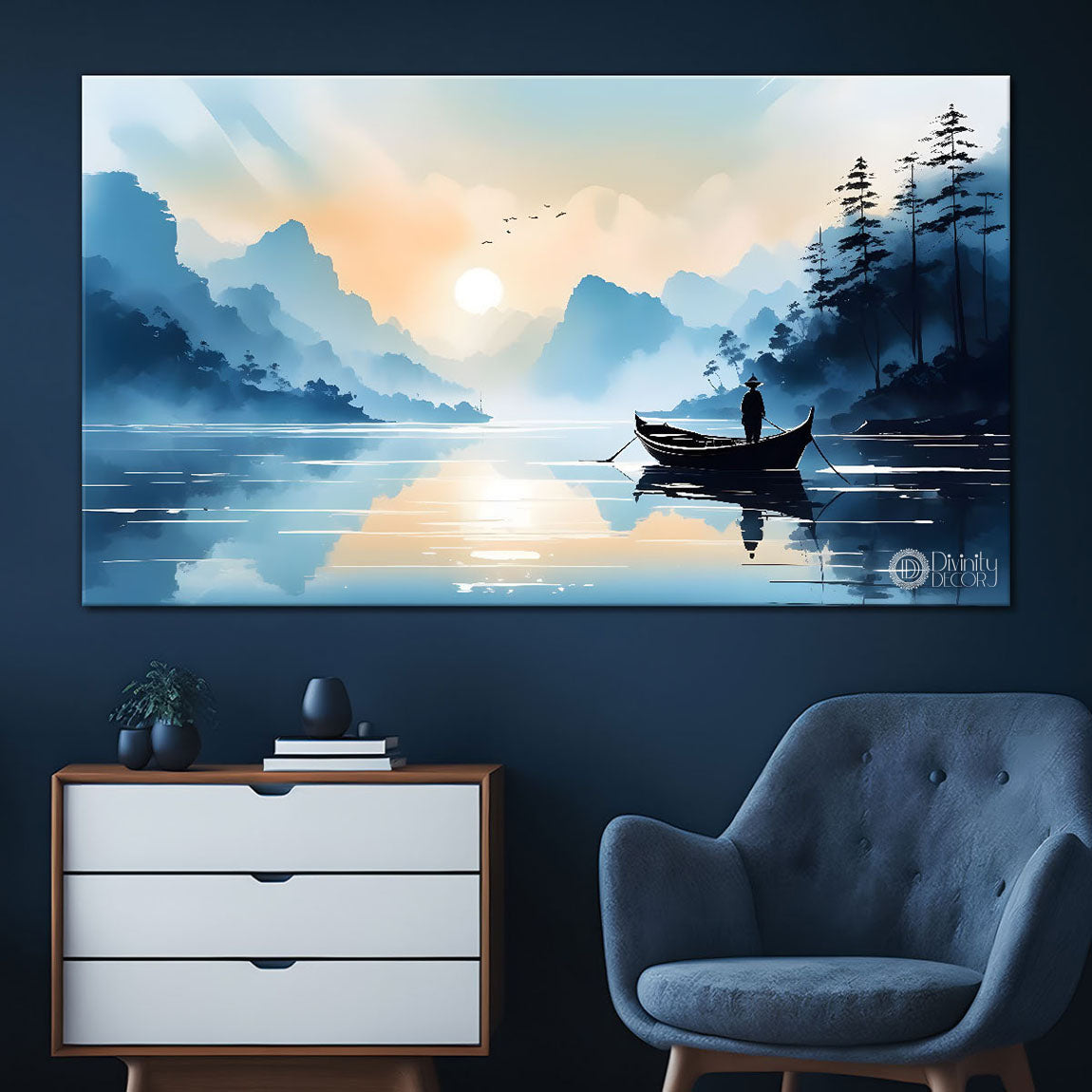 Mountains with river, trees and clouds textured water color art Canvas Painting - Nature Art -167