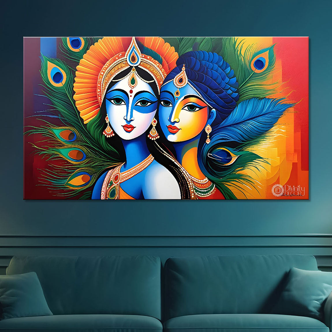 Blue face of Krishna and Radha with yellow and peacock feather background painting Canvas Painting - Design - Krishna-168
