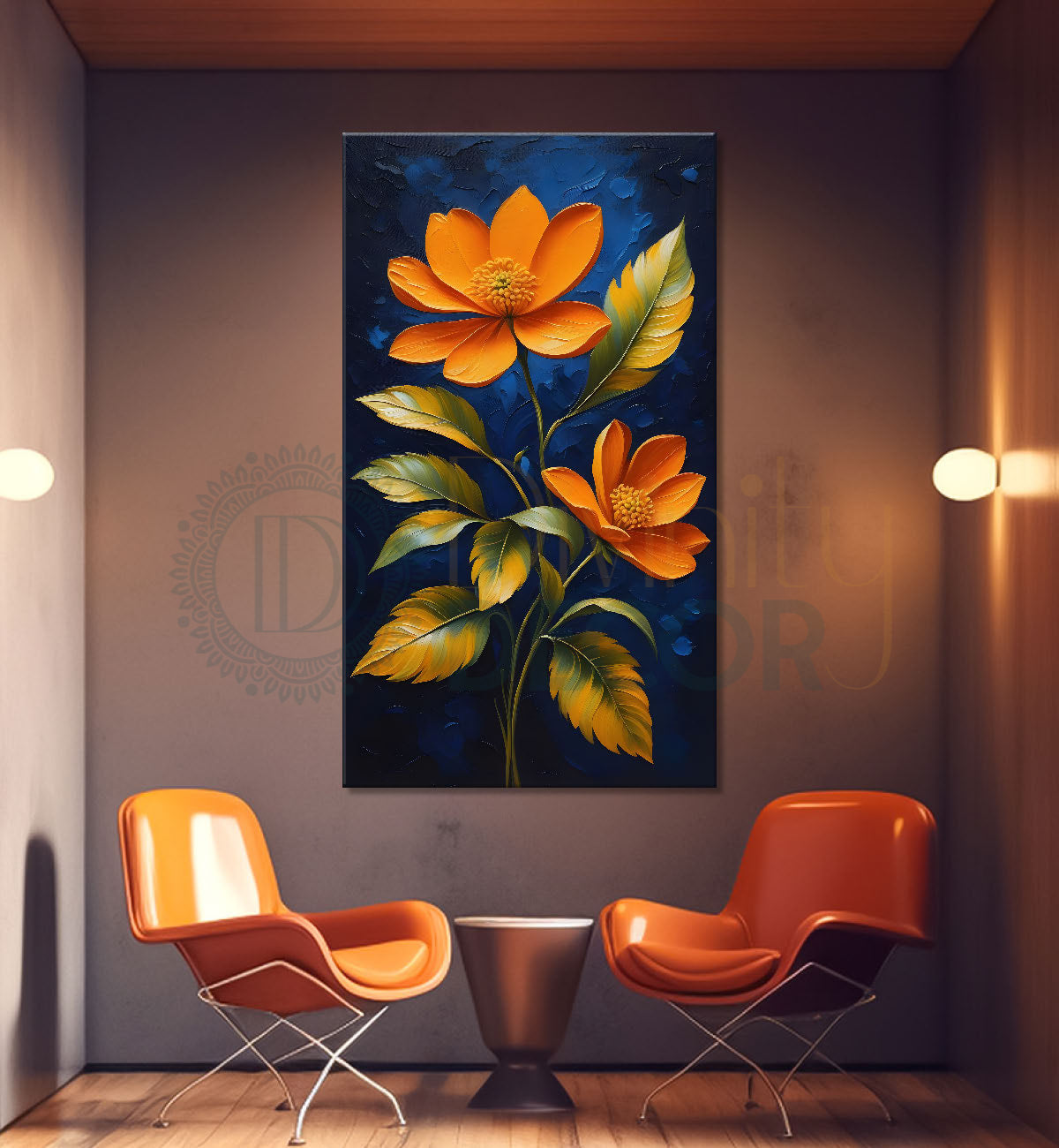 Orange flowers in navy blue textured painting- Flower-V-168