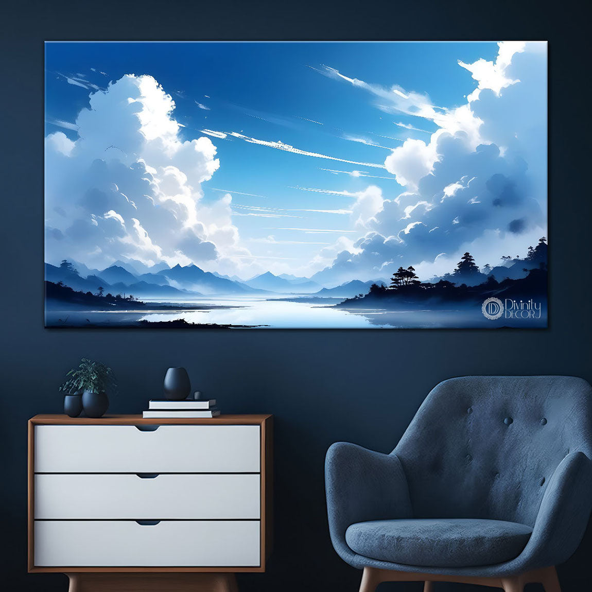 Mountains with river, trees and clouds textured water color art Canvas Painting - Nature Art -168