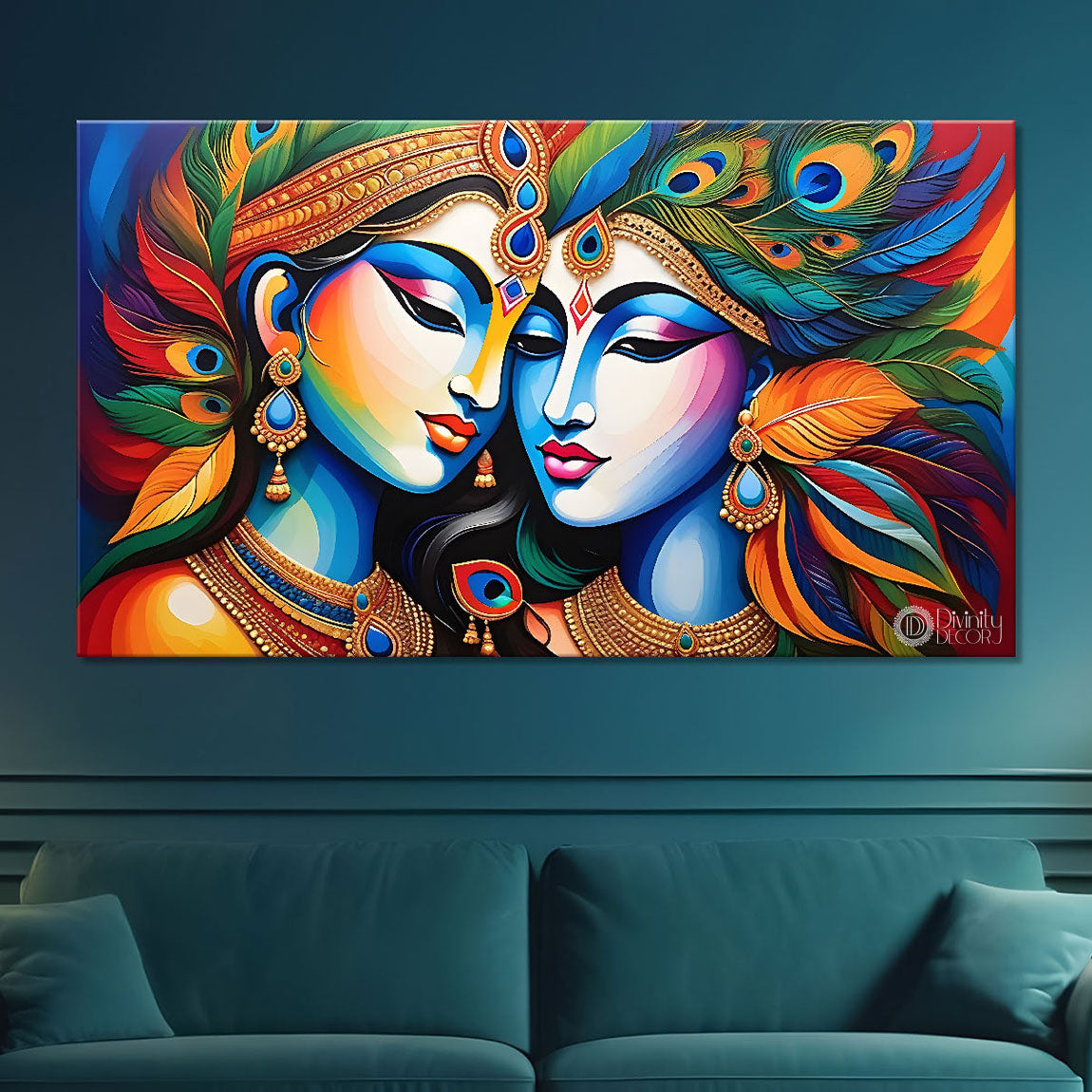 Blue face of Krishna and Radha with yellow and peacock feather background painting Canvas Painting - Design - Krishna-169