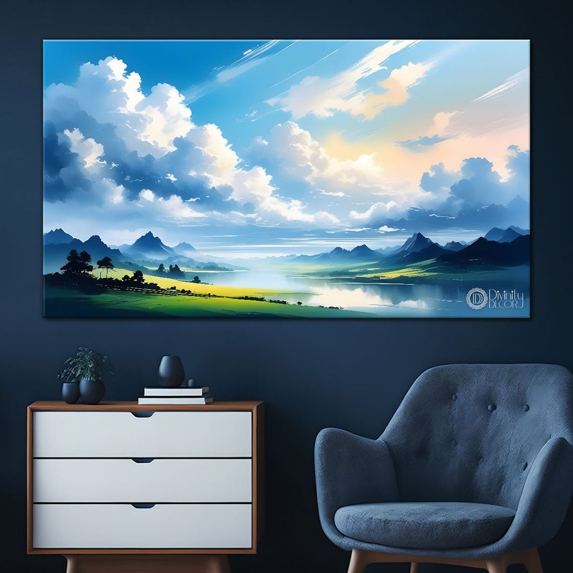 Mountains with river, trees and clouds textured water color art Canvas Painting - Nature Art -169