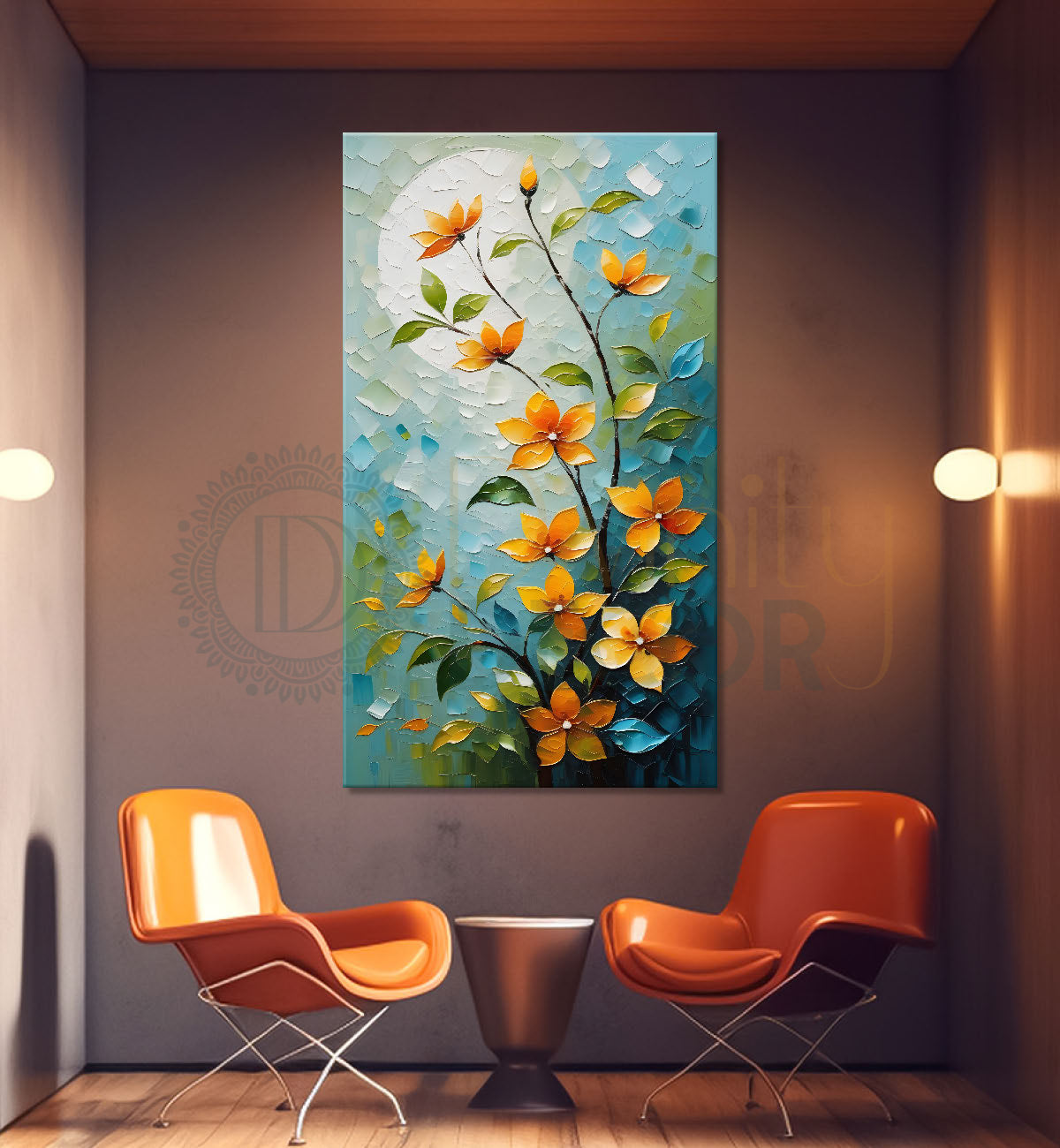 Orange flowers in blue textured painting- Flower-V-169