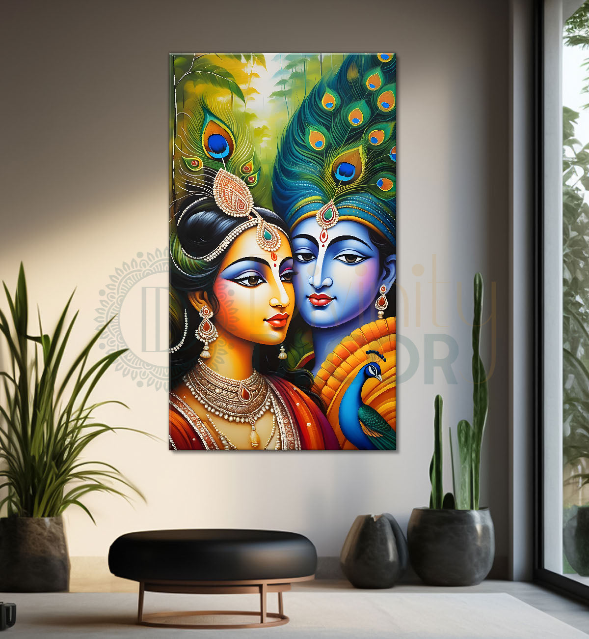 Blue face of krishna with radha in peacock feathers background textured art Canvas Painting - Design - Krishna-V-16