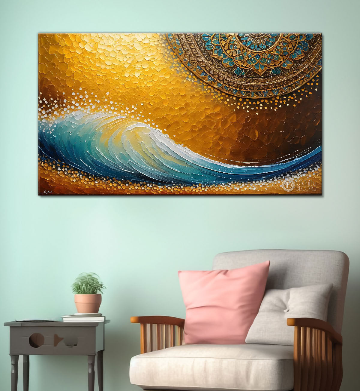 Wave with golden background textured modern art Canvas Painting - Islamic paintings - 17