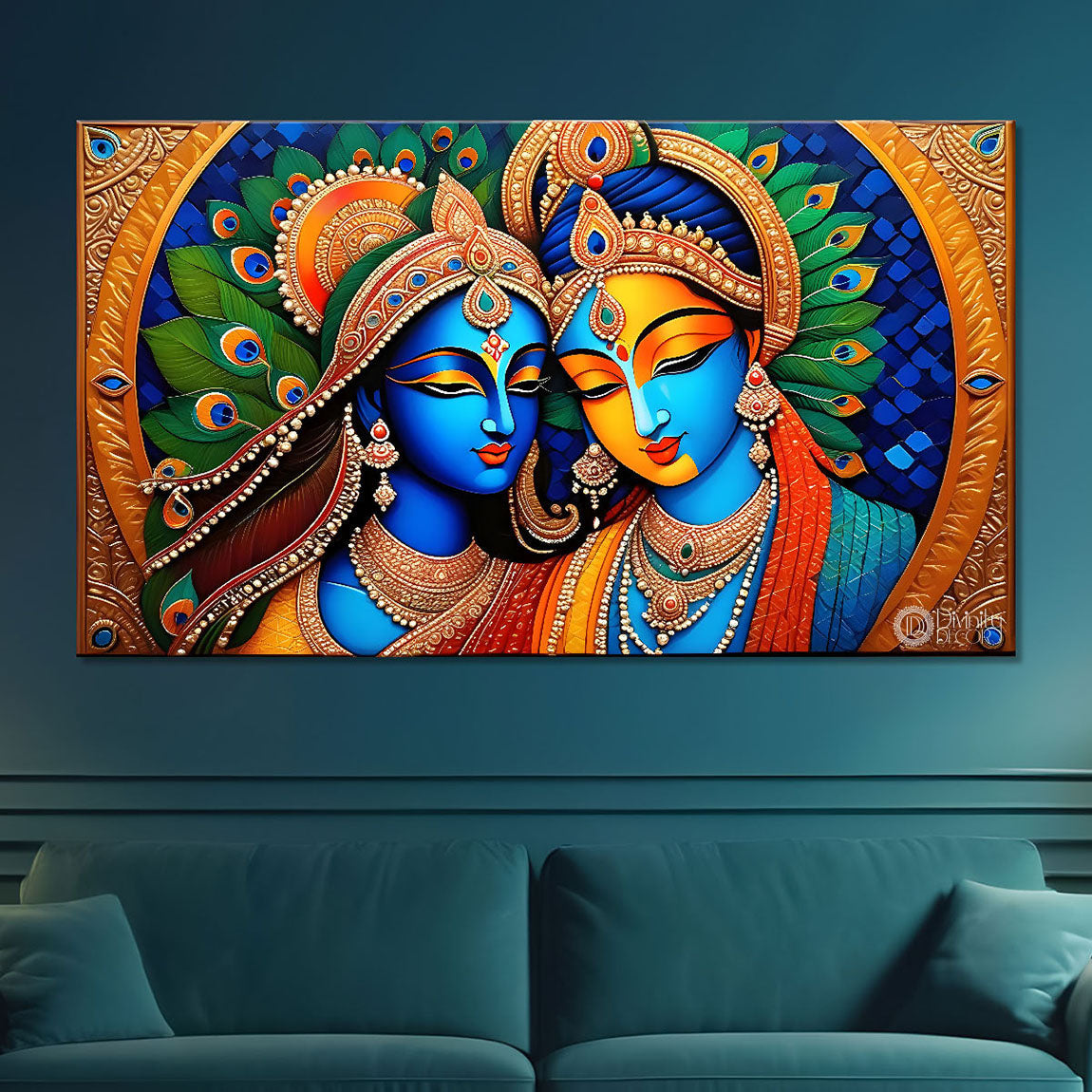 Blue face of Krishna and Radha with yellow and peacock feather background painting Canvas Painting - Design - Krishna-170