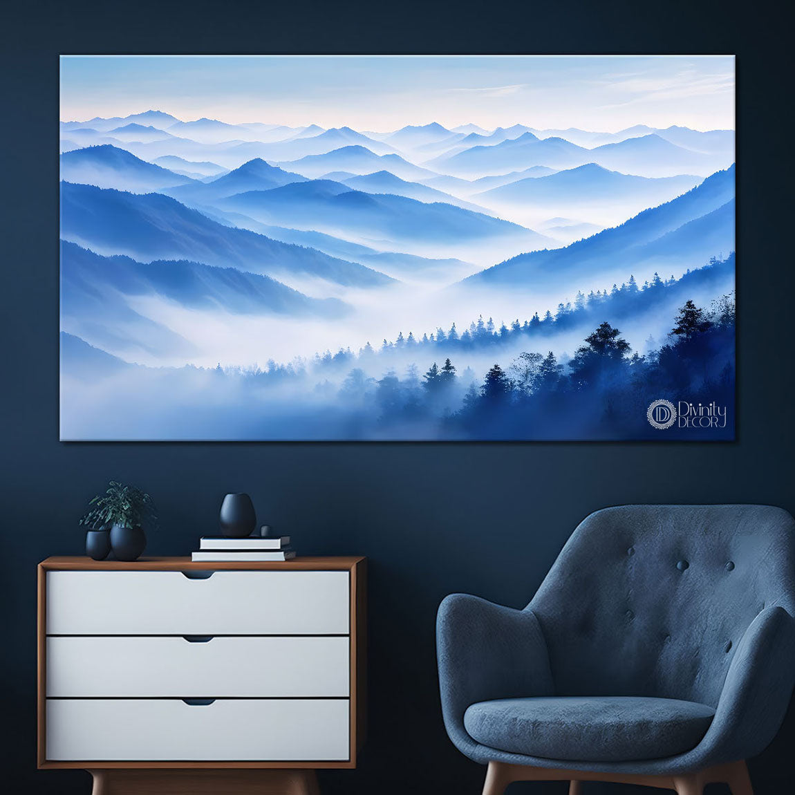 Mountains with river, trees and clouds textured water color art Canvas Painting - Nature Art -170