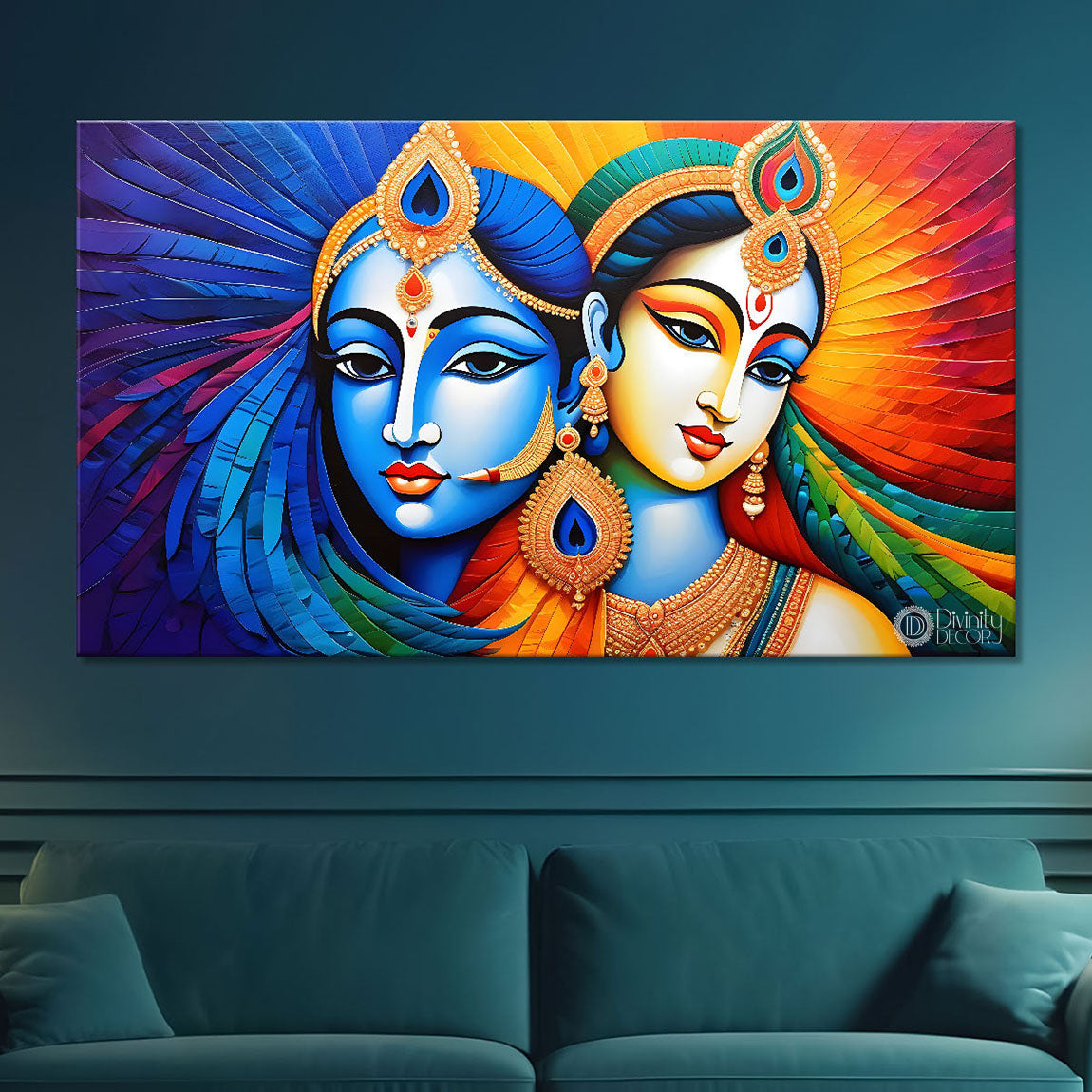 Blue face of Krishna and Radha with yellow background painting Canvas Painting - Design - Krishna-171