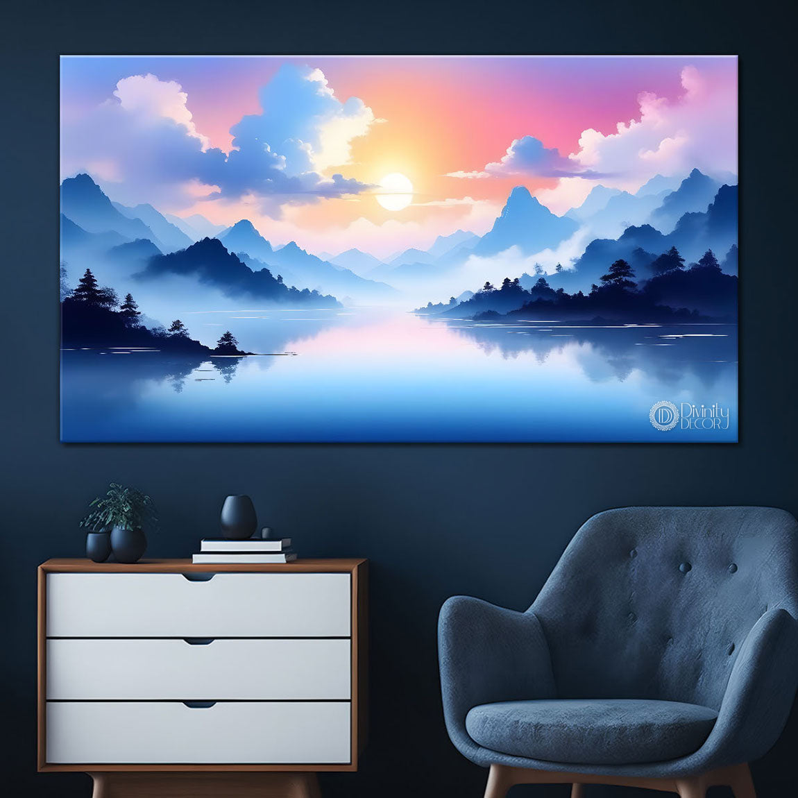 Mountains with river, trees and clouds textured water color art Canvas Painting - Nature Art -171