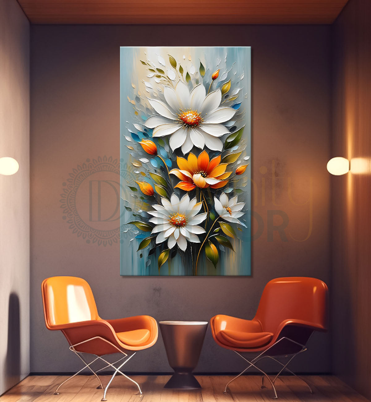 White and orange flower in grey textured painting- Flower-V-171