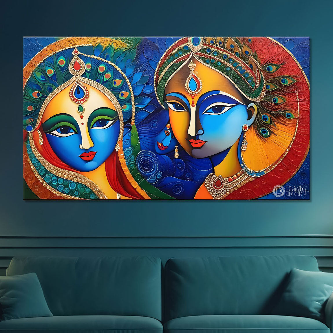 Blue face of Krishna and Radha with blue background painting Canvas Painting - Design - Krishna-172