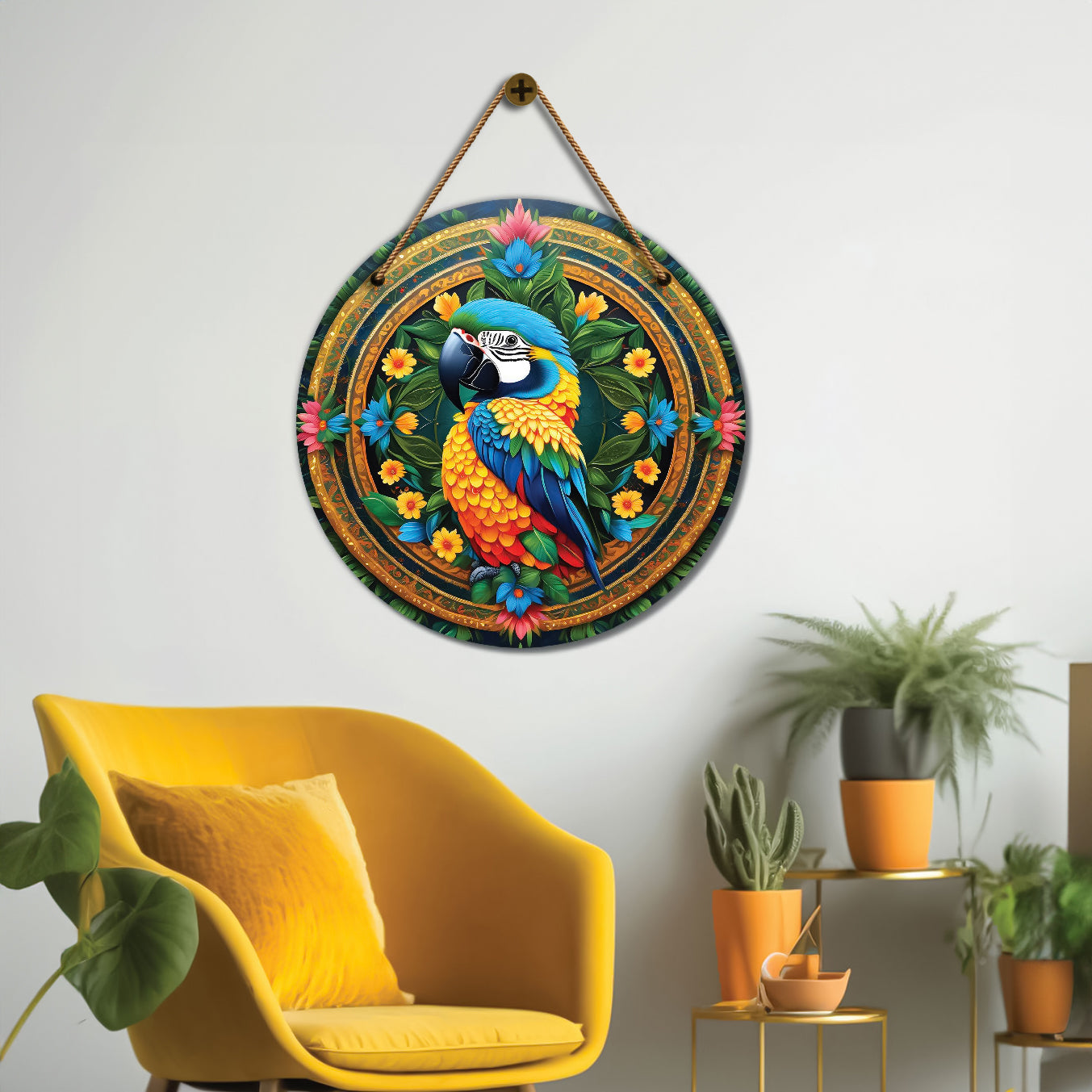 Parrot in green and yellow mandala Round Wooden Wall Hanging for wall Décor - Design - 172