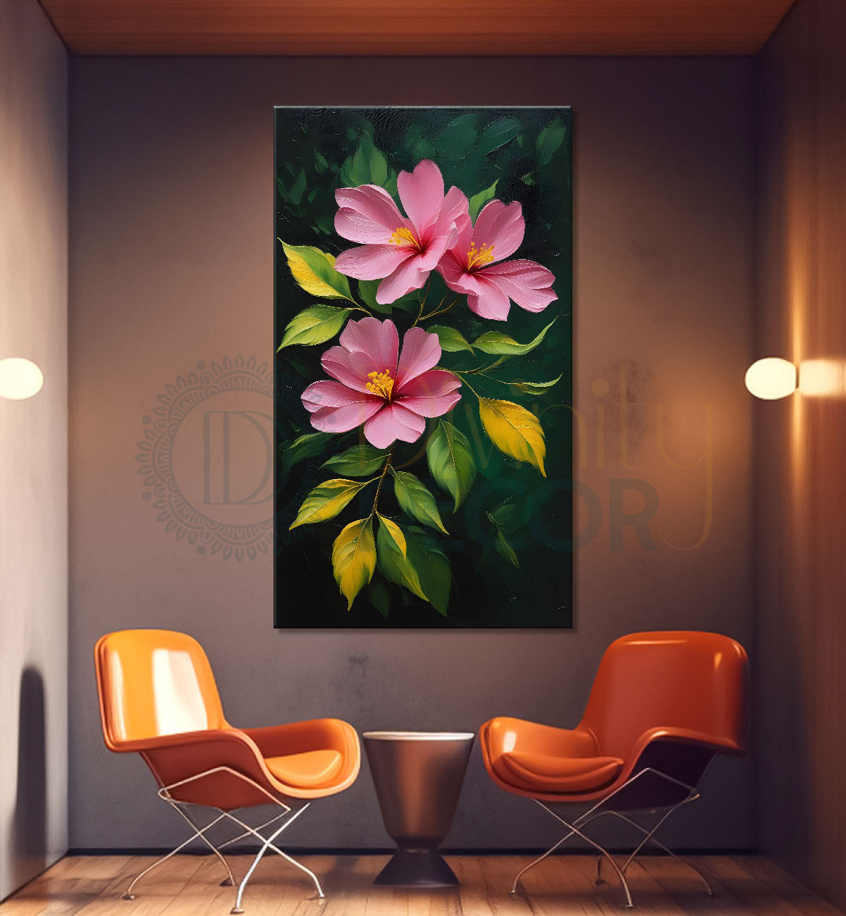 Pink flowers in dark textured painting- Flower-V-172