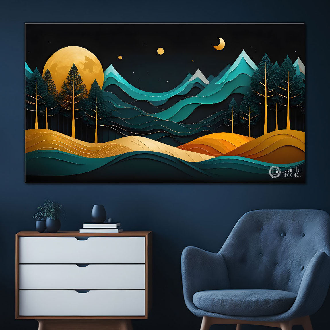 Green mountains with golden moon and trees Canvas Painting - Nature Art -172