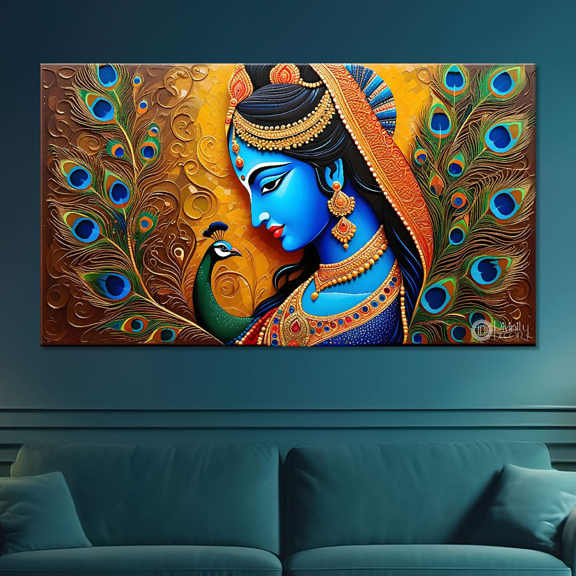 Blue face of Radha with yellow and peacock feather background painting Canvas Painting - Design - Krishna-173