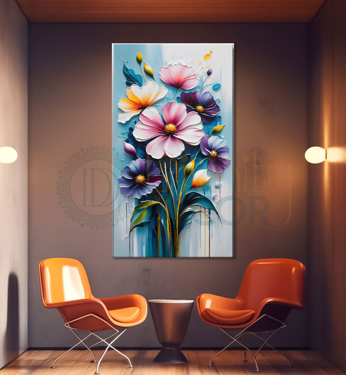 Purple flowers in sky blue textured painting- Flower-V-173