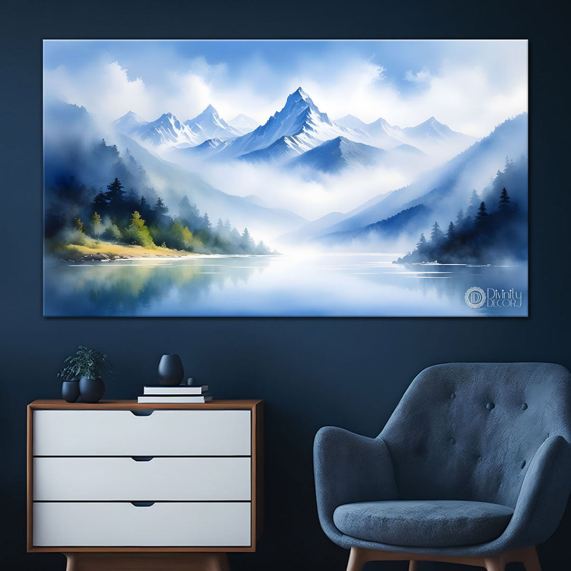 Mountains with river, trees and clouds textured water color art Canvas Painting - Nature Art -173