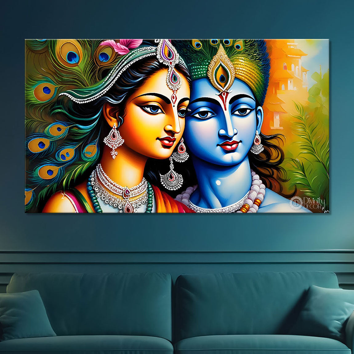 Blue face of Krishna and Radha with yellow and peacock feather background painting Canvas Painting - Design - Krishna-174