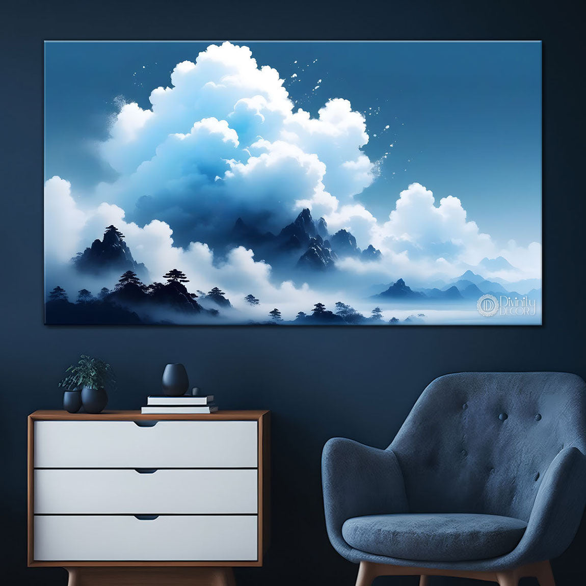 Mountains with river, trees and clouds textured water color art Canvas Painting - Nature Art -174