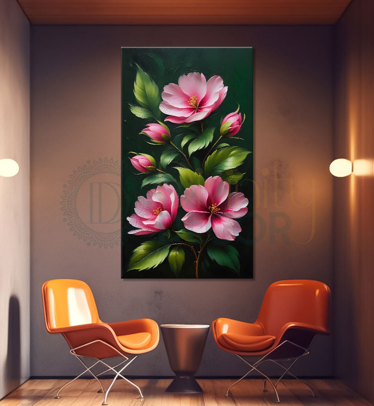 Pink flowers in dark textured painting- Flower-V-174