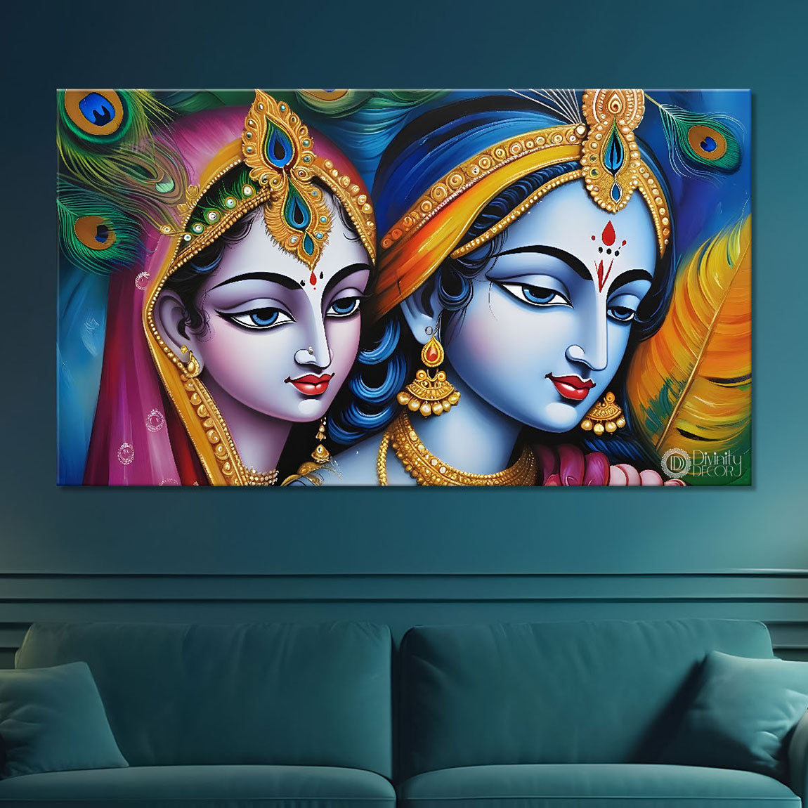 Blue face of Krishna and Radha with textured background painting Canvas Painting - Design - Krishna-175