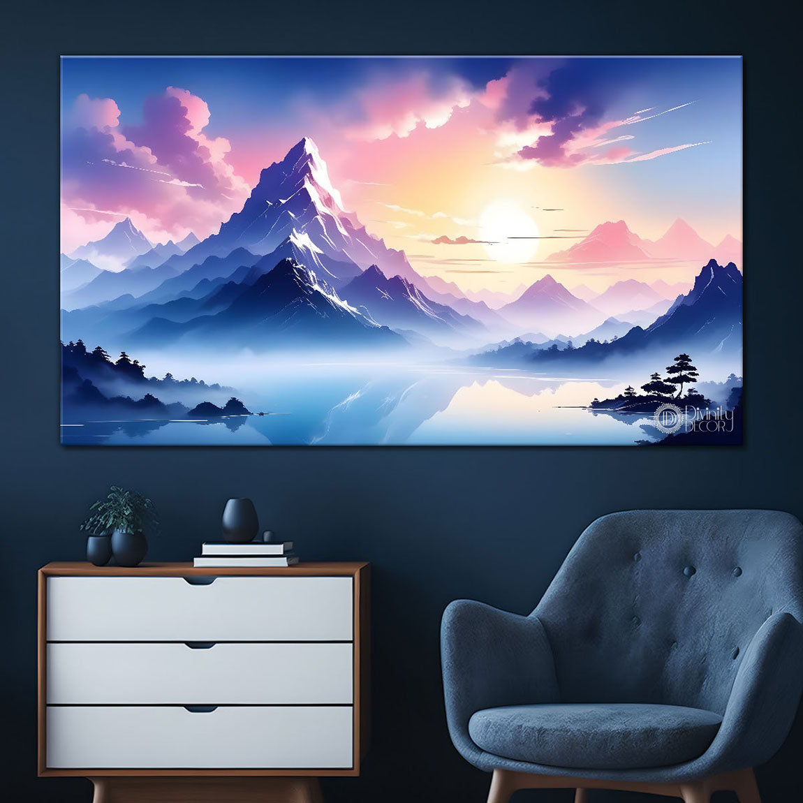 Mountains with river, trees and clouds textured water color art Canvas Painting - Nature Art -175