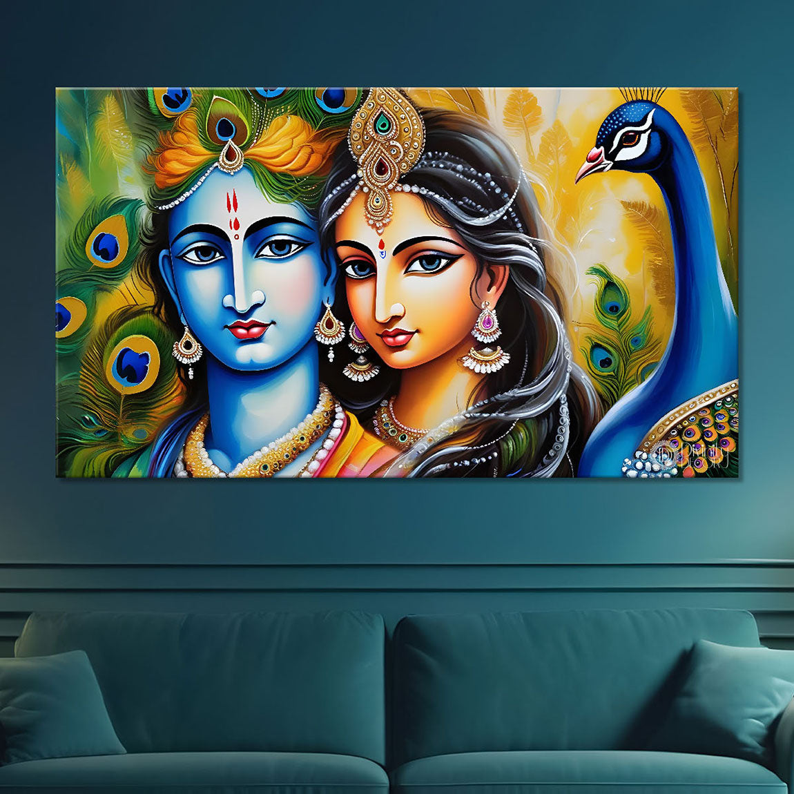 Blue face of Krishna and Radha with yellow and peacock feather background painting Canvas Painting - Design - Krishna-176
