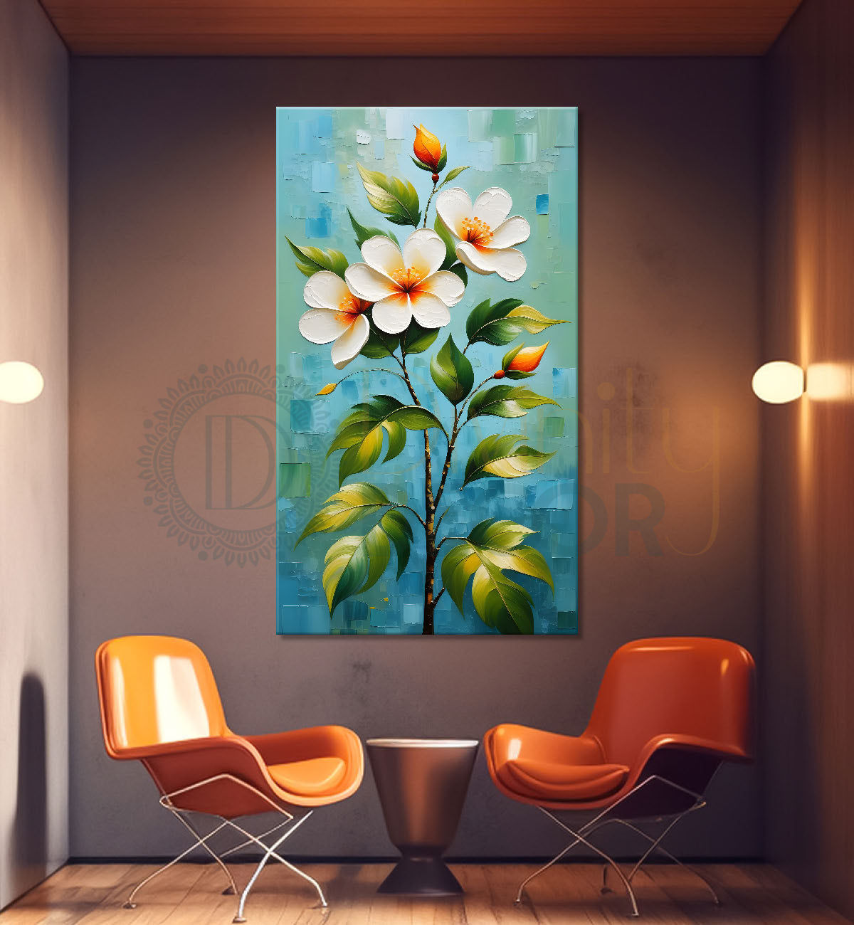 White flowers in blue textured background painting- Flower-V-176