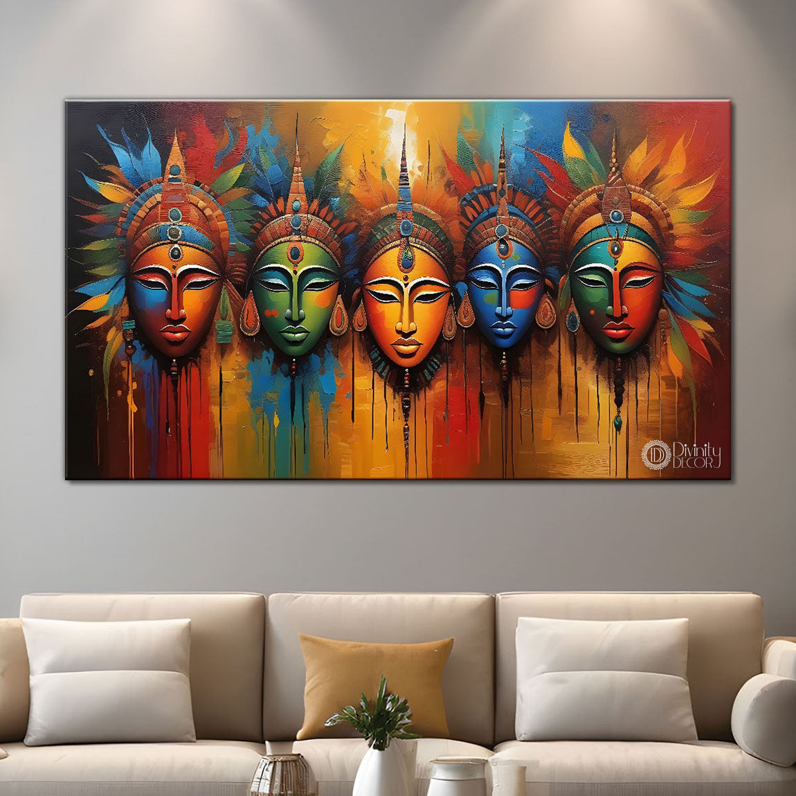 Multiple Trible men faces textured modern art Canvas Painting - Design - Modern-L-176