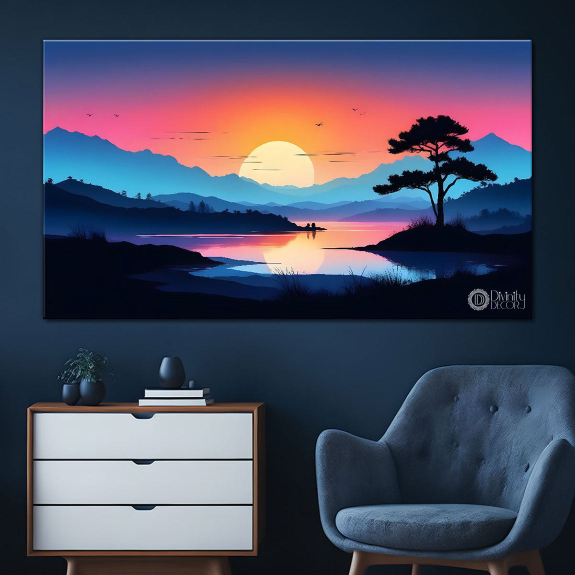 Mountains with trees and pink sky with sun in textured painting Canvas Painting - Nature Art -176