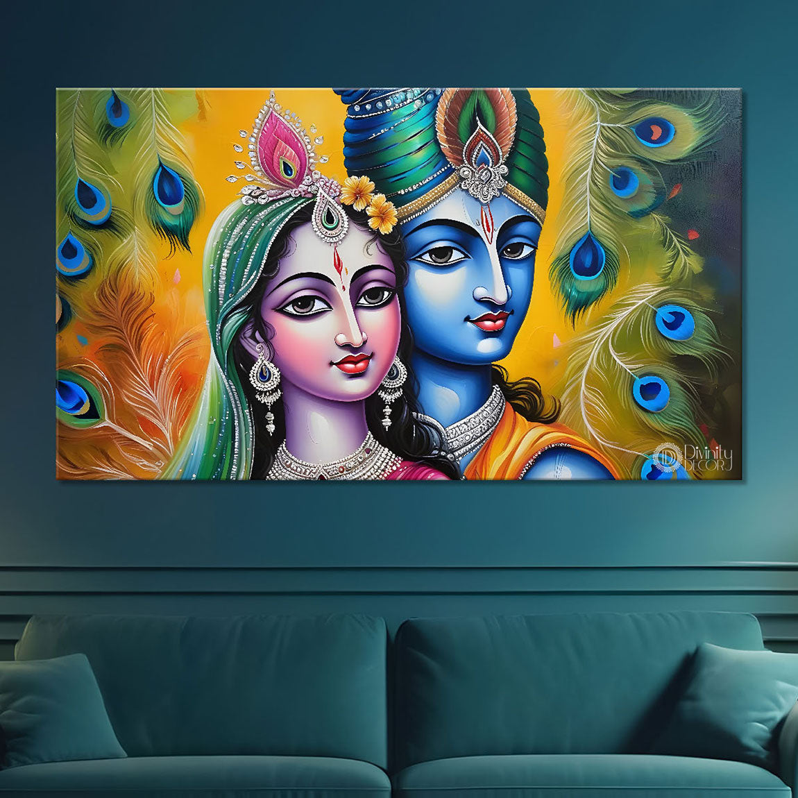 Blue face of Krishna and Radha with yellow and peacock feather background painting Canvas Painting - Design - Krishna-177